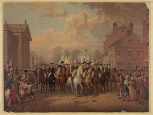 A chromolithograph, from 1879, showing Washington entering New York on Evacuation Day.