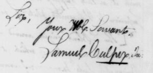 Robert Townsend's signature as his spy alias, Samuel Culper Junior.