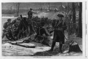 An illustration of the soldiers' winter at Valley Forge, from a January 1837 issue of Harper's Weekly.